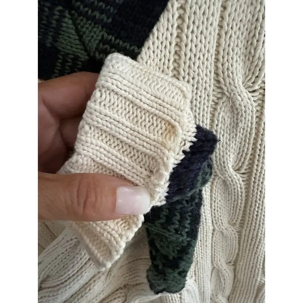 VTG Ralph Lauren CHAPS Large HANDFRAME Cream V Neck Cable Knit Sweater Preppy